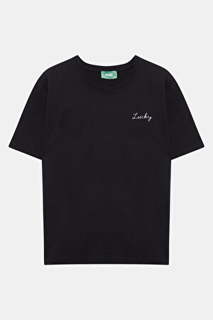 Siyah Bisiklet Yaka Nakışlı T-Shirt